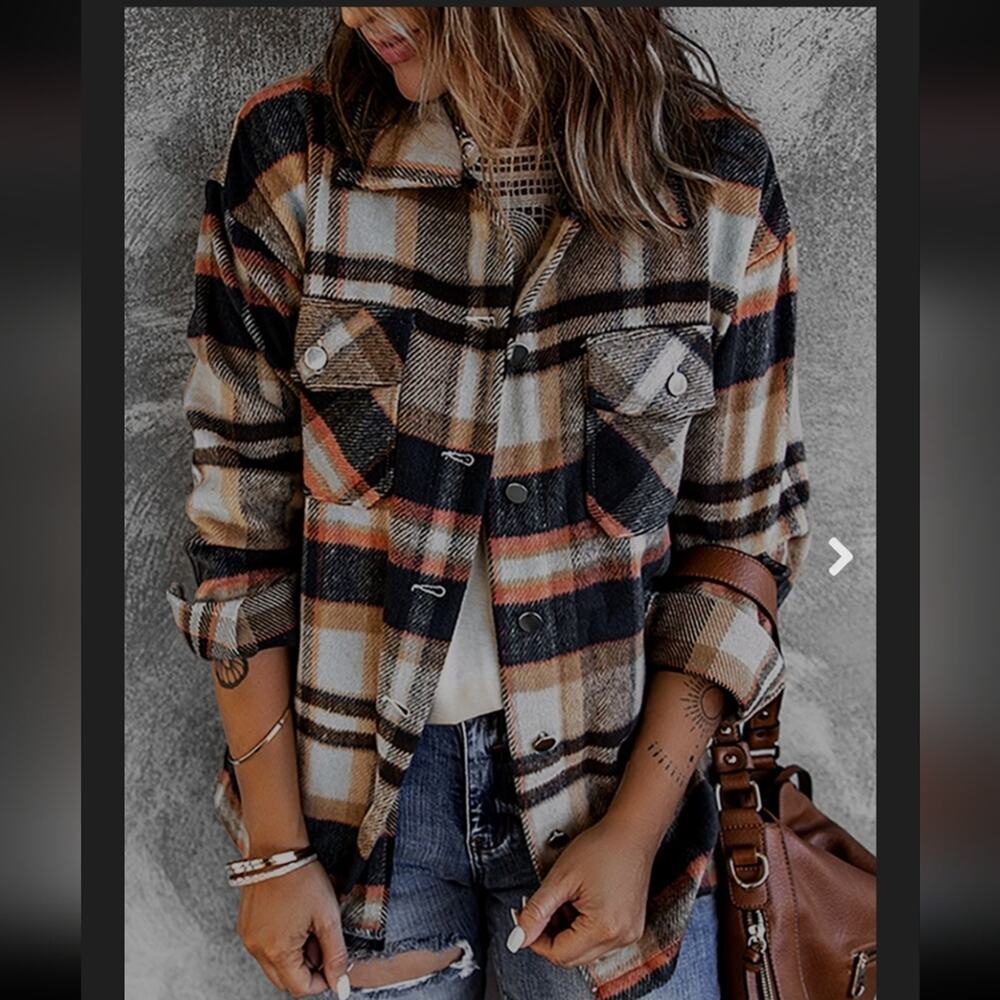 Fall Plaid Jacket Shacket Women M Oversized Boxy Warm Cozy Blue Orange Brown EUC